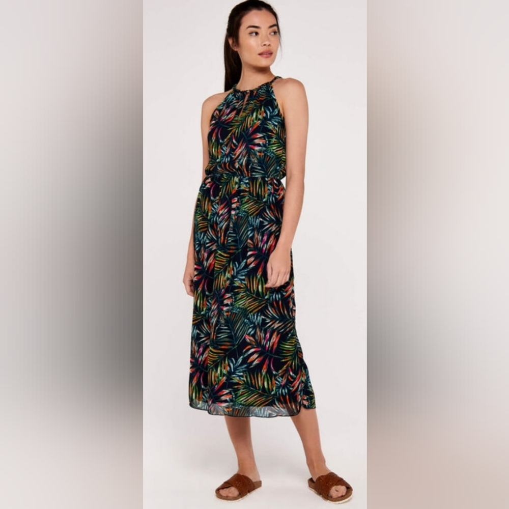 Apricot Black and Multicolor Tropical Maxi Dress